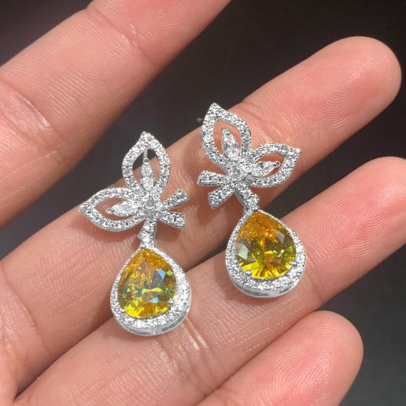 NEW Gold Diamond Butterfly Teardrop Citrine Halo Earrings - Picture 4 of 10